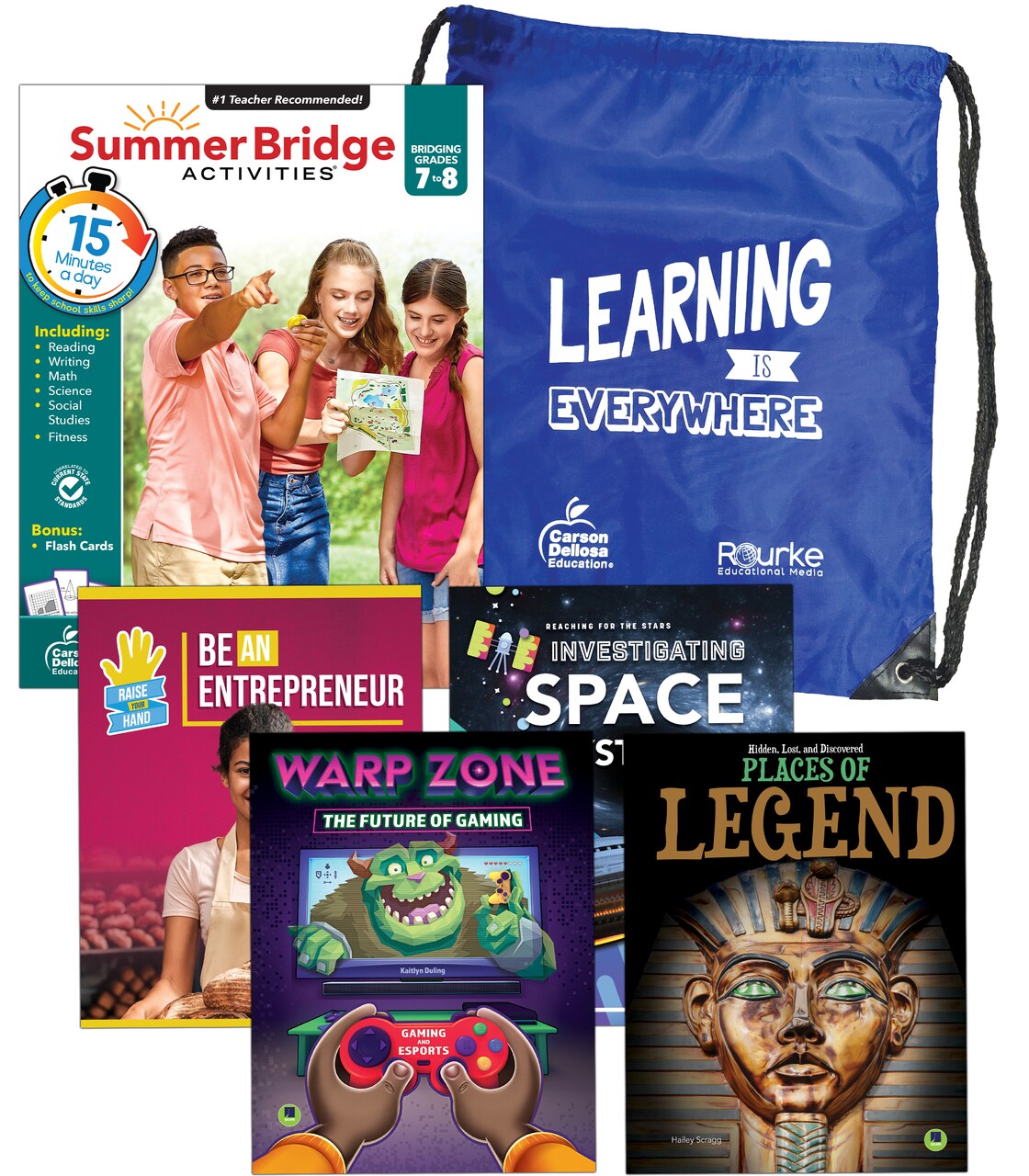 Summer Bridge Activities 7-8 Bundle, Ages 12-13, Math, Reading Comprehension, Writing, Science Summer Learning 8th Grade Workbooks All Subjects With Flash Cards, Children's Books, Drawstring Bag